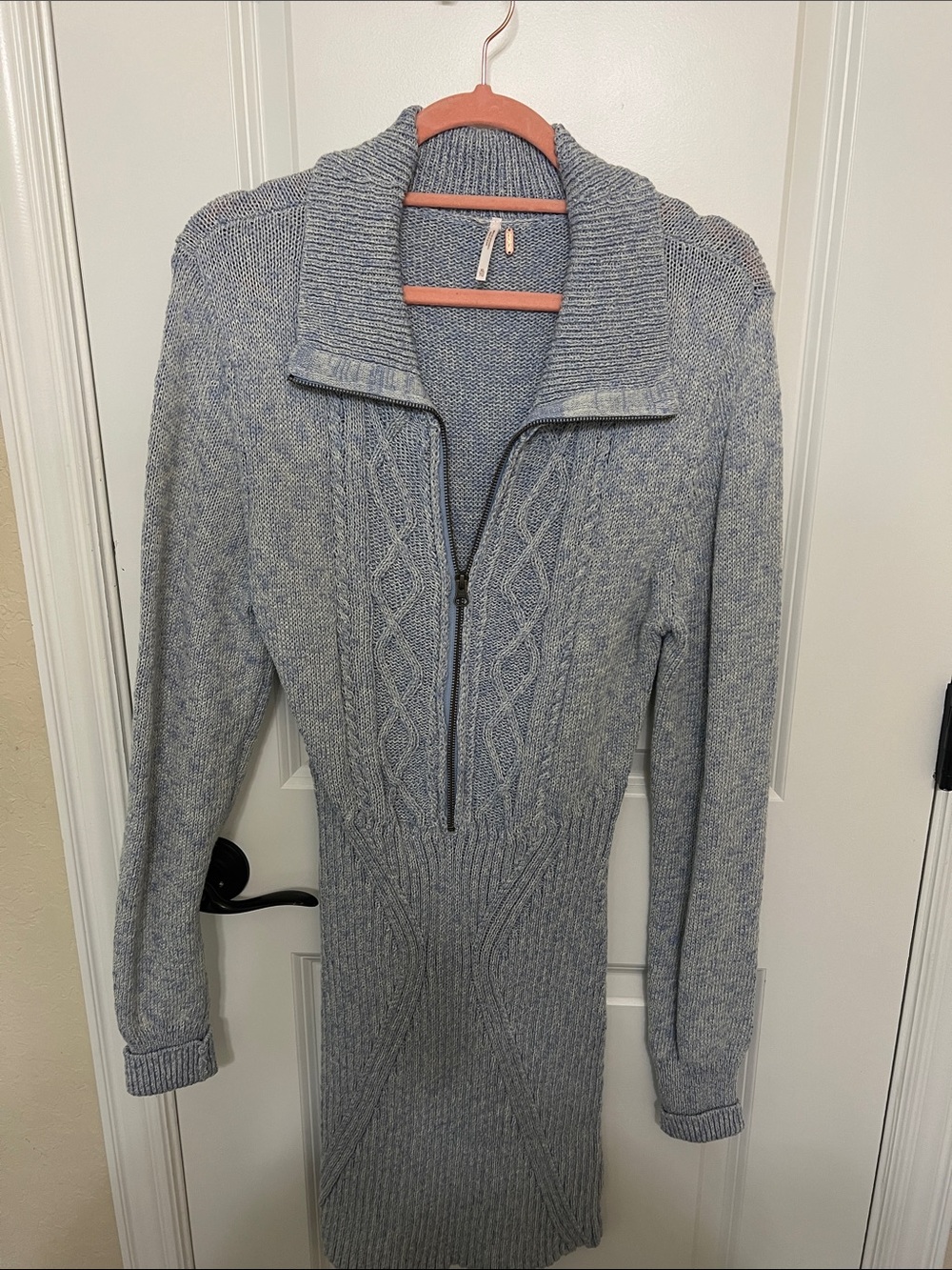 Free People Light Blue Half-Zip Cable Knit Turtleneck Sweater Dress